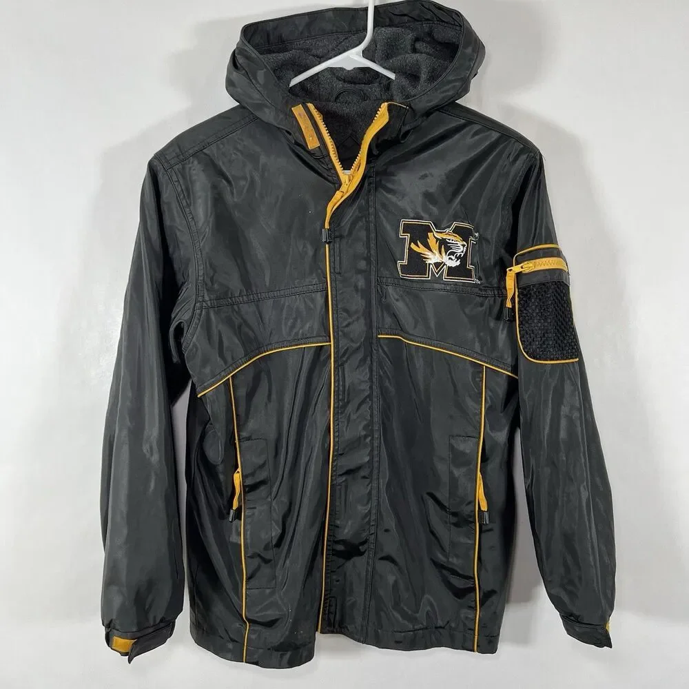 Missouri Tigers Full Zip Hooded Vinyl Jacket Youth Boys Large 12-14 Black Essex